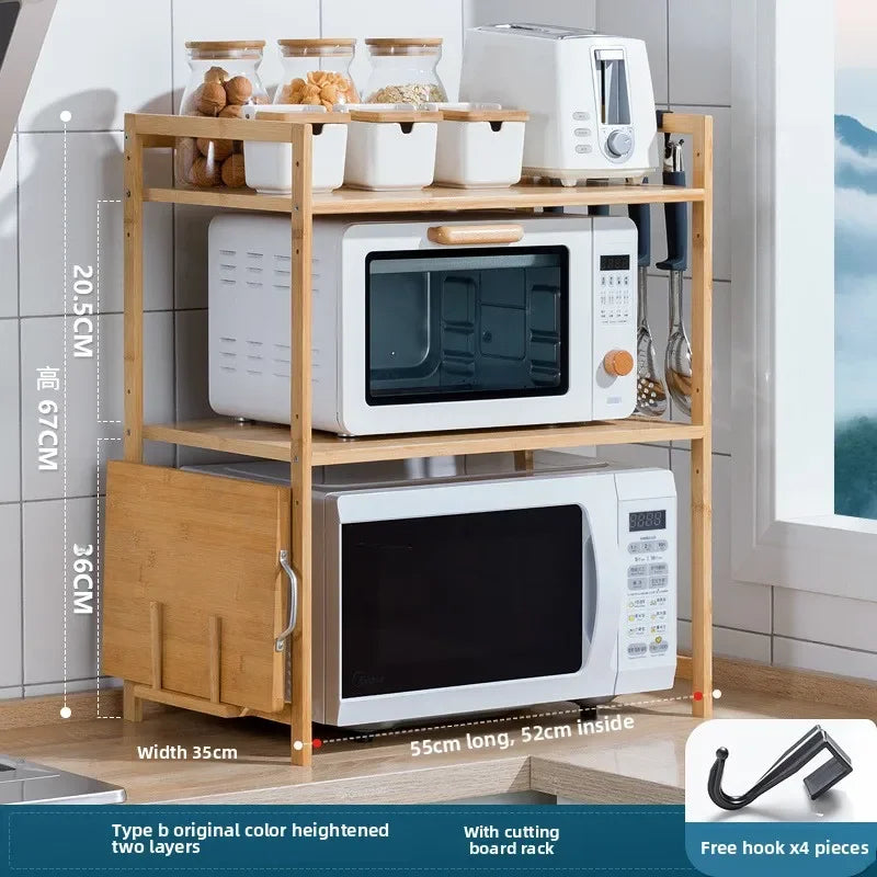 Kitchen Shelf Countertop Double Microwave Oven Shelf Desktop Seasoning Oven Storage Rack Bamboo Solid Wood