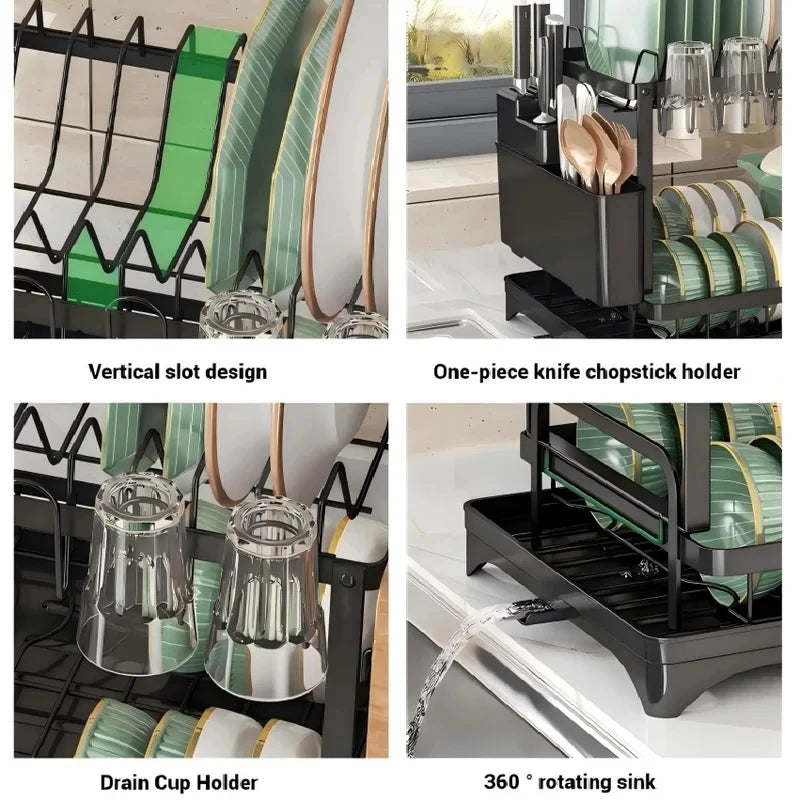 Black 2 Tier Dish Drying Rack Multifunctional Kitchen Bowl Dish Drain Rack Complete Set for Tableware Cutlery Cup Storage