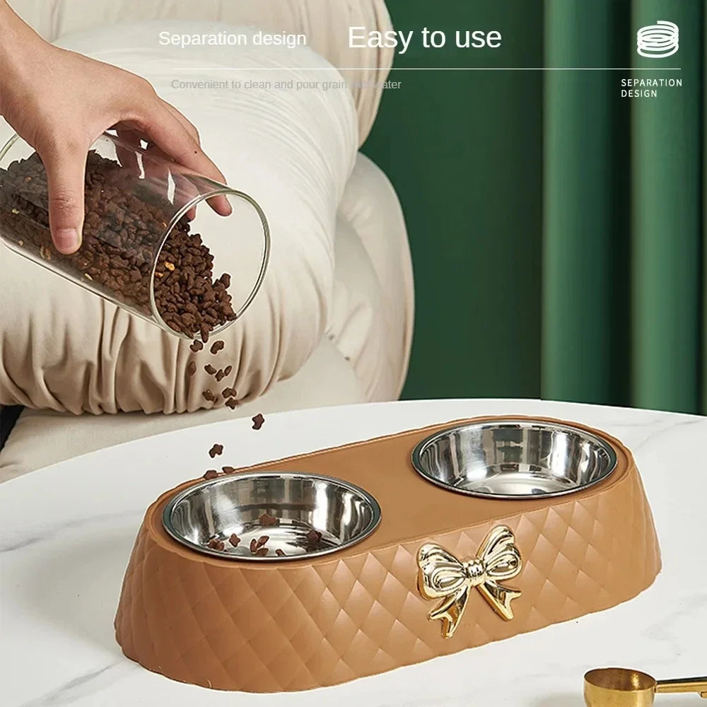 Double Pet Bowl for Cats & Dogs – Bow-Tie Design, Stainless Steel Food & Water Feeder with PP Base