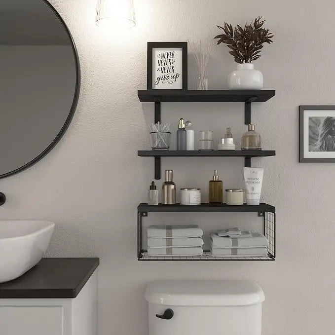 Bath Wall Towel Storage Holder Set Above Toilet, Rolled Towel Shelf Organiser for Small Bathroom Black Wood Vertical Towel Rack