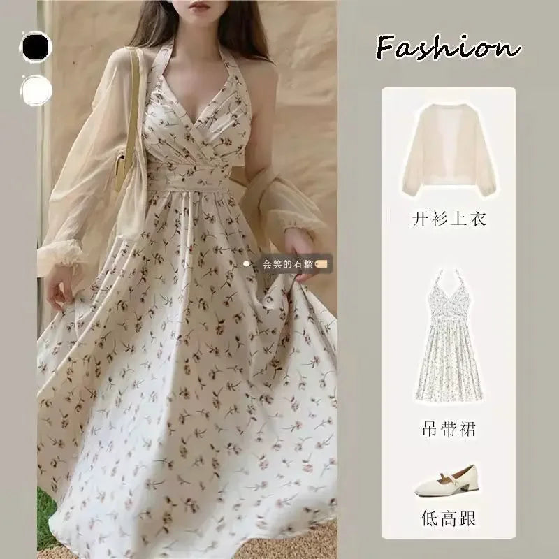 Summer New Gentle Wind Fragmented Flower V-Neck Sling Dress Set Waist Wrap Neck Hanging Long Dress Thin Sun Protection Cardigan