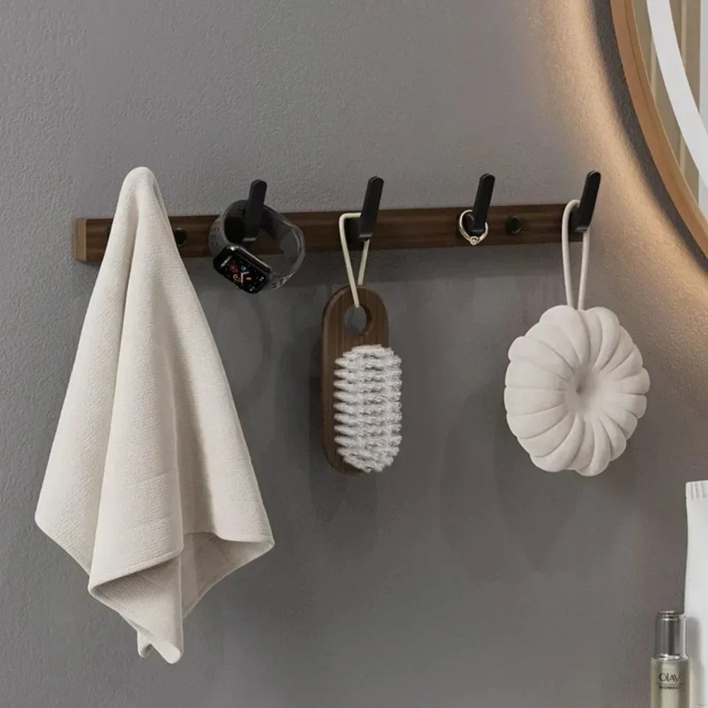 Modern Wooden Bathroom Wall Storage Rack – Shelves, Towel Bar & Hooks Set