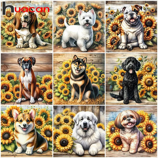 Huacan Diamond Mosaic Dog Animal Sunflower Flower Full Round Square Diamond Painting New Picture For Living Room Home Decoratio