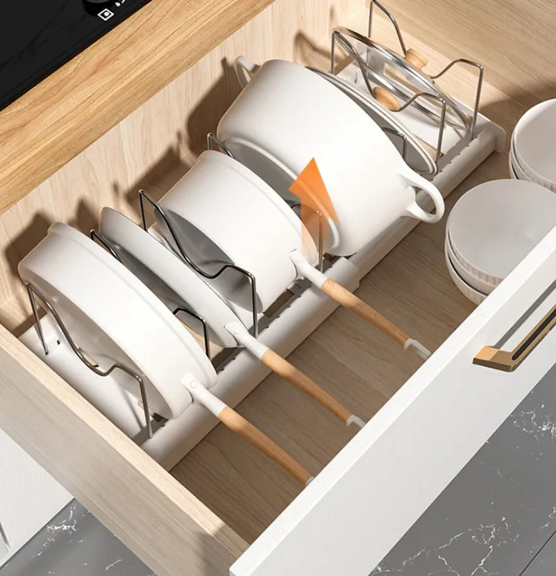 Expandable Kitchen Cabinet Pot Organiser - Adjustable Divider Rack, Multi-Use Storage Solution for Pots, Pans and Lids