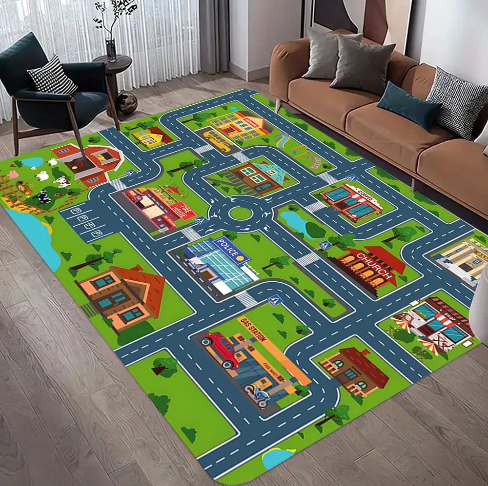 Car Rug Play Mat Road Rug Kid Play Mat Playroom Toy Car Mat Kids Carpet City Map for Bedroom Classroom Home Decor
