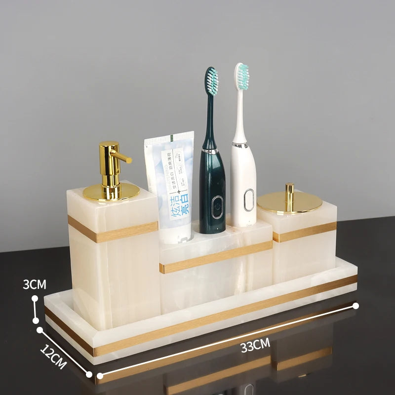 White Onyx Natural Marble Bathroom Accessories Gold Luxury Soap Dispenser Cotton Swab Holder Toothbrush Holder Bathroom Set