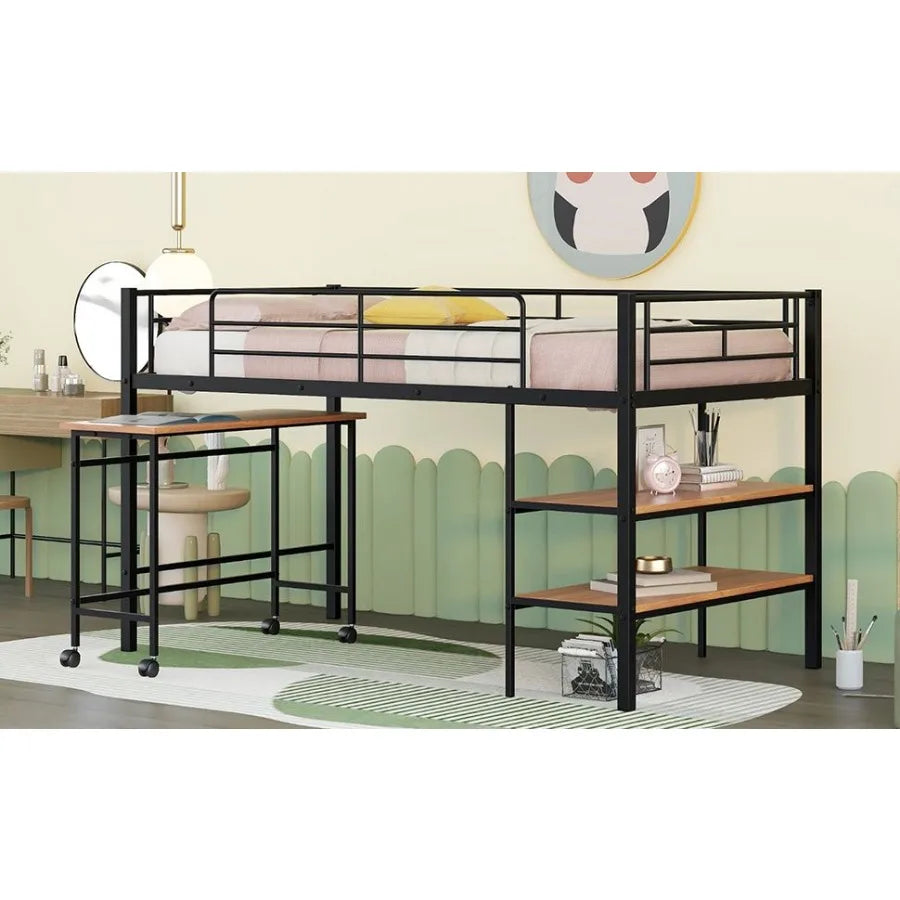 Twin Size Metal Loft Bed with Desk and Shelves