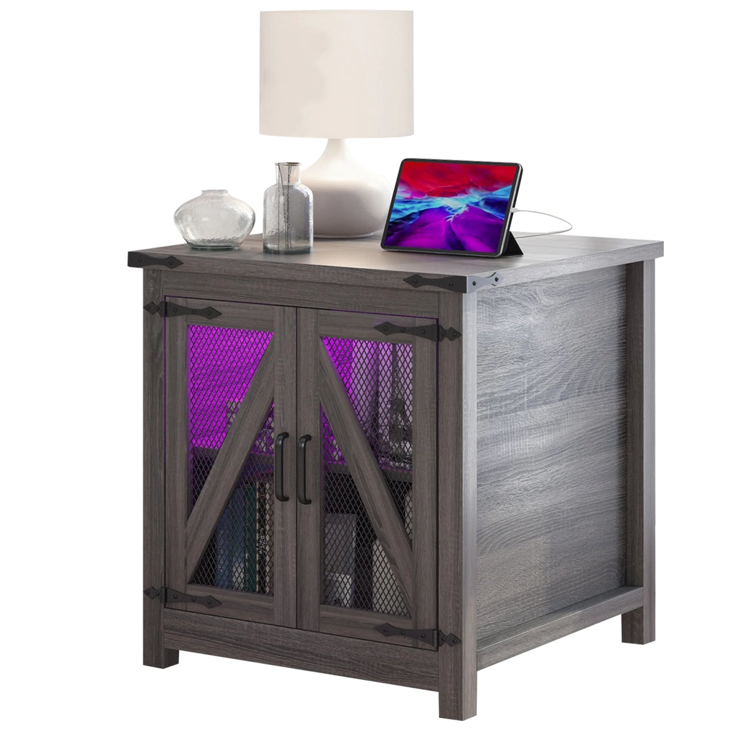 Bedside Table Farmhouse, Side Table Living Room with Charging Station & Adjustable Shelf, Smart Nightstand Organiser for Bedroom Living Room Office Use
