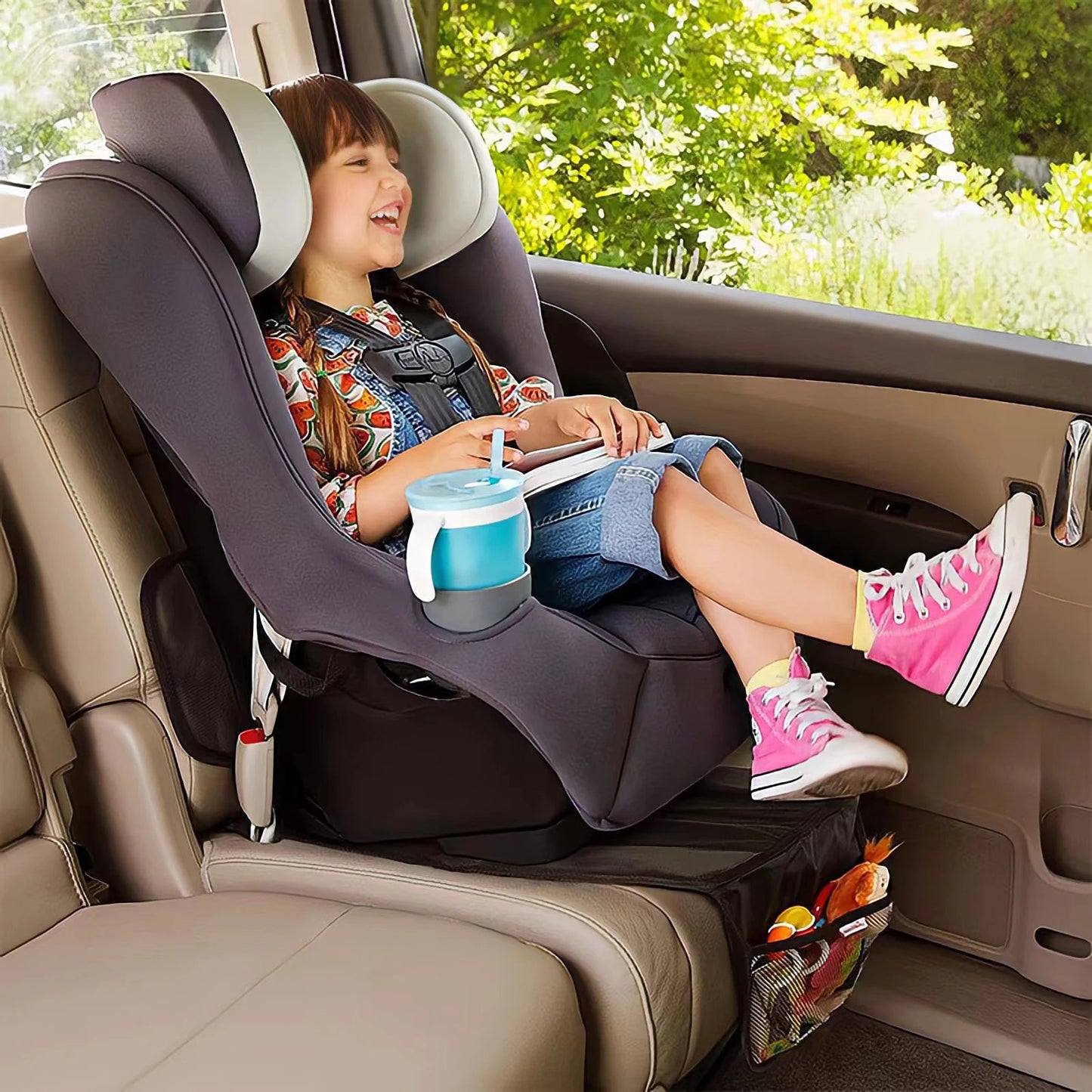 Car Seat Protector for Baby Child Car Seats- Auto Seat Cover Mat, Protective Non- Slip Car Seat Cover Pad with Mesh Pockets