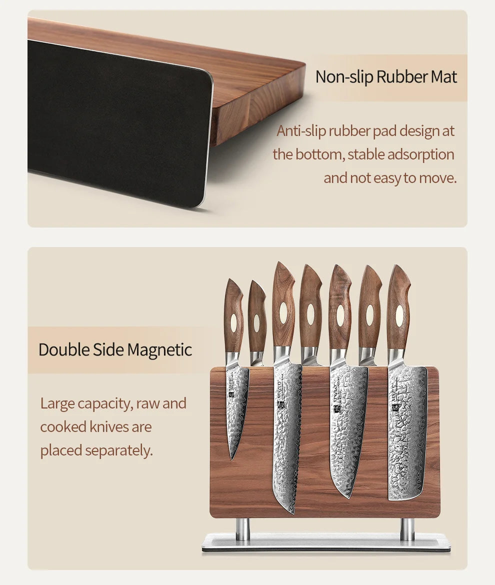XINZUO Walnut Solid Wood+430 Stainless Steel Wood Knife Stand Kitchen Supplies Magnetic Double-sided Suction Knife Holder Tool