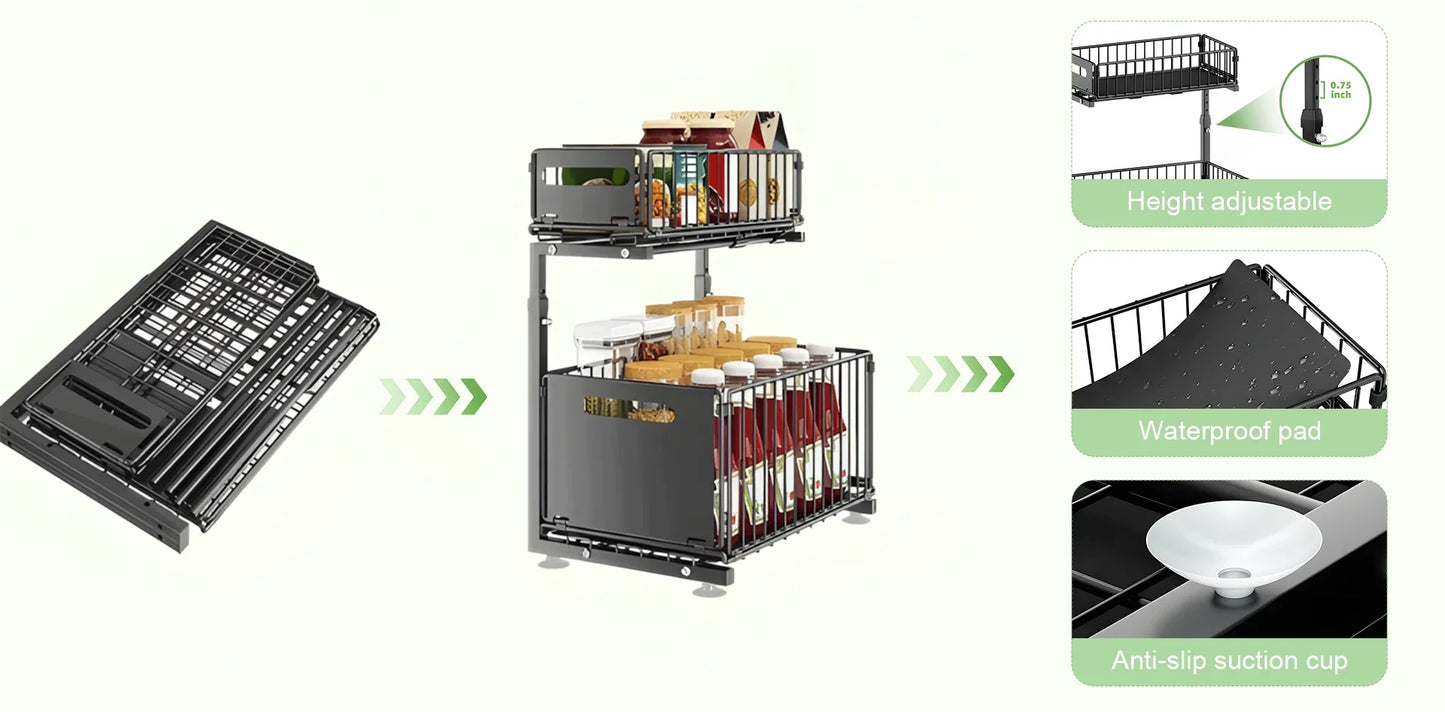 2 Tier Pull Out Cabinet Organiser Adjustable Under Sink Storage Rack Slide Out Drawer Kitchen Spice Jar Storage Shelf