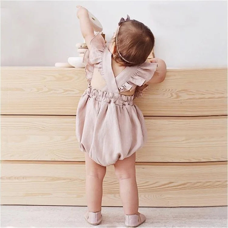 Organic Cotton Baby Girl Clothes Summer New Double Gauze Kids Ruffle Romper Jumpsuit Headband Dusty Pink Playsuit For Newborn 3M