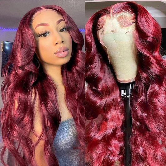 200% Density 99J Burgundy Body Wave 13x6 HD Transparent Lace wigs Frontal Wigs Brazilian Virgin Hair Pre plucked Wigs For Women