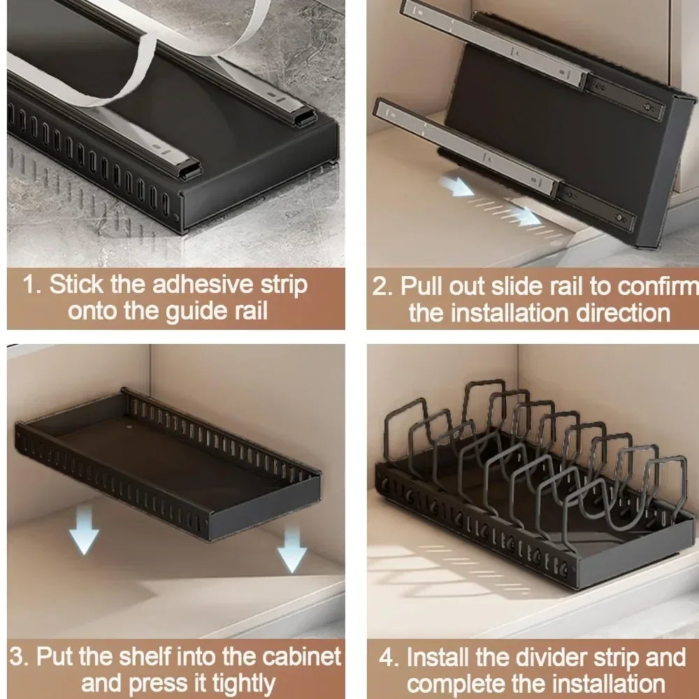 Trays Dishes Partition Shelf Pull Adjustable Slide Kitchen Pot Pan Drawer Cabinet Cookware Storage Utensil Organiser