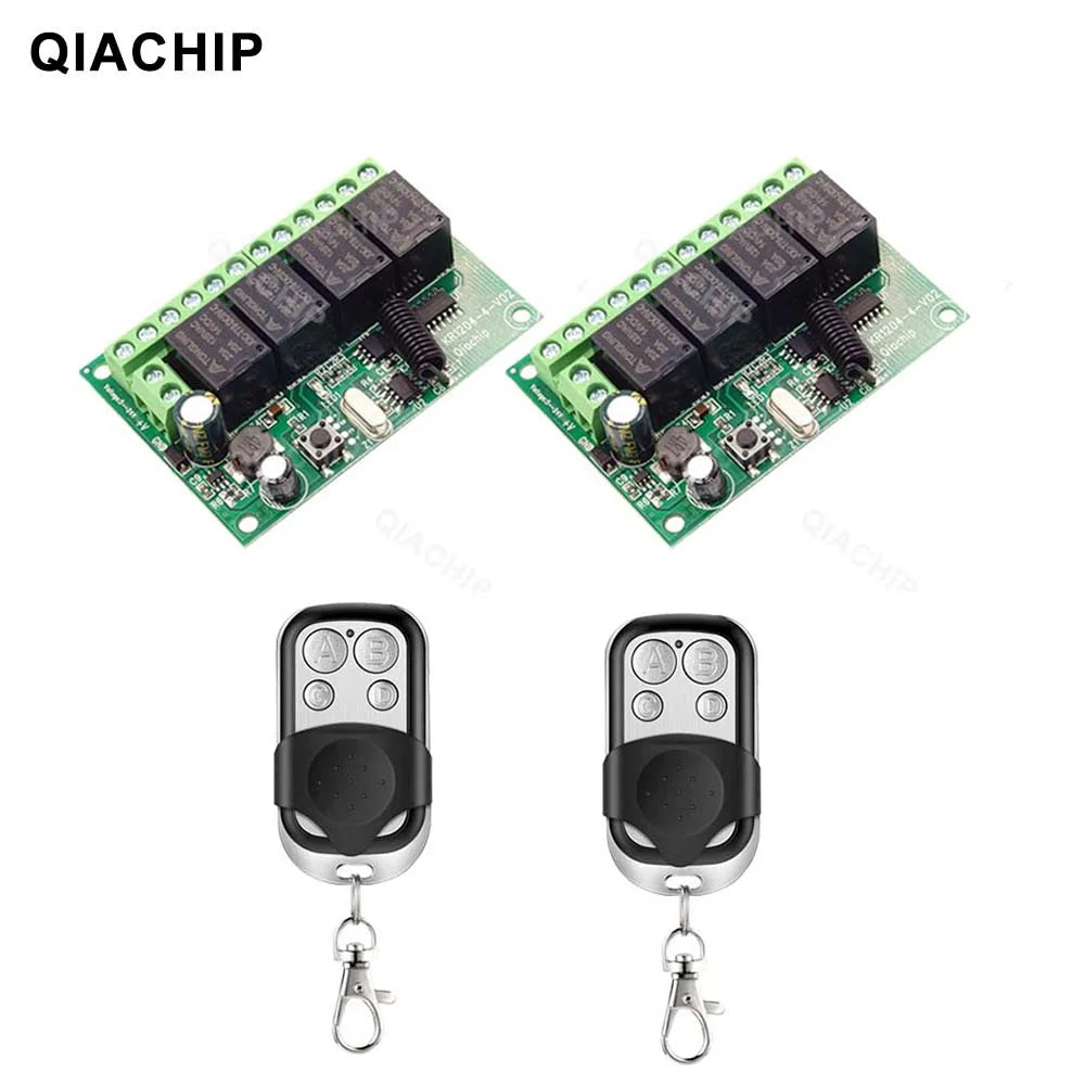 QIACHIP 4CH 433.92MHz Relay Module – DC 5V/12V/24V/48V 10A Wireless Remote Control Switch for EV1527, DC Motor DIY