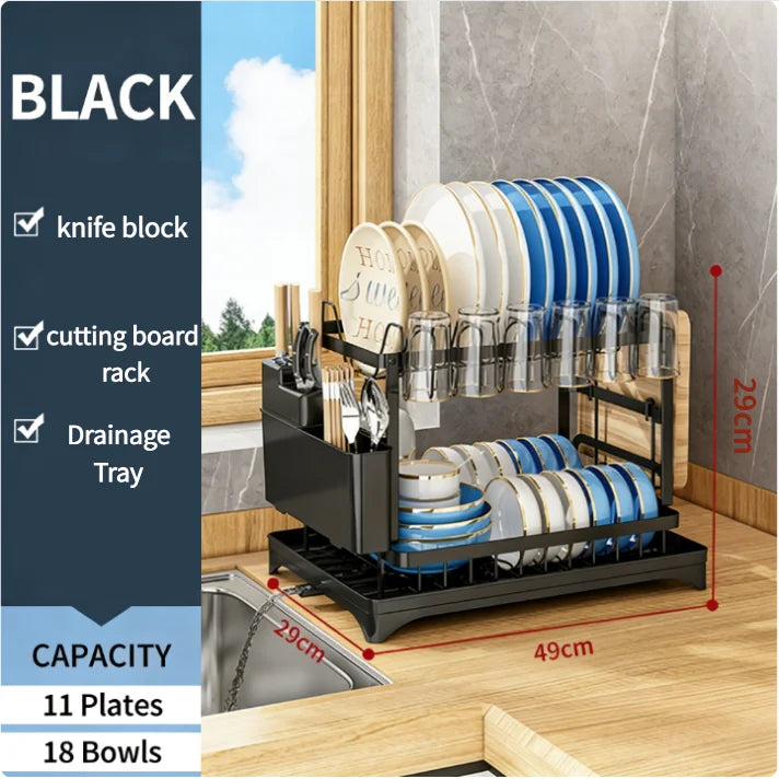 2-Tier Kitchen Countertop Dish Drying Rack, Multifunctional Bowl Drainer with Storage Slots for Chopsticks, Knives, Forks and Cups