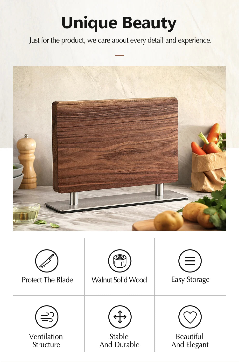 XINZUO Walnut Solid Wood+430 Stainless Steel Wood Knife Stand Kitchen Supplies Magnetic Double-sided Suction Knife Holder Tool