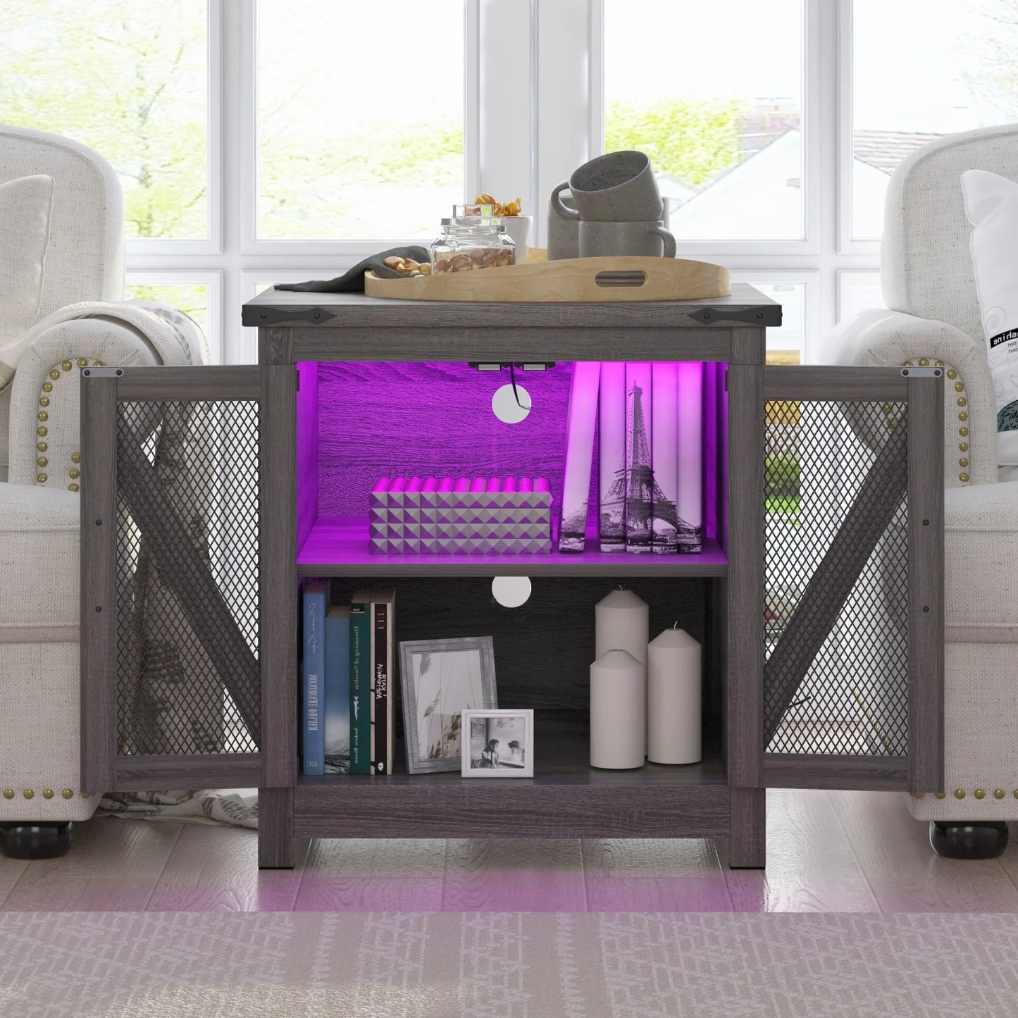 Bedside Table Farmhouse, Side Table Living Room with Charging Station & Adjustable Shelf, Smart Nightstand Organiser for Bedroom Living Room Office Use