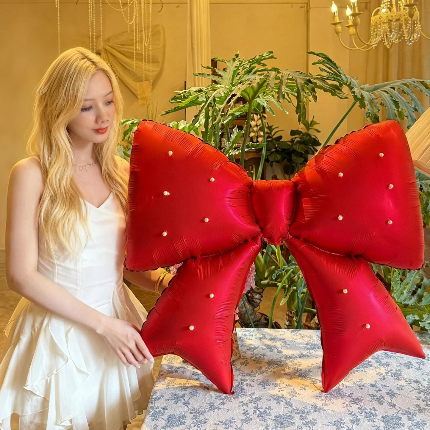 Bow aluminum foil balloon strap with pearl decoration for birthday party, wedding proposal, shower party decoration