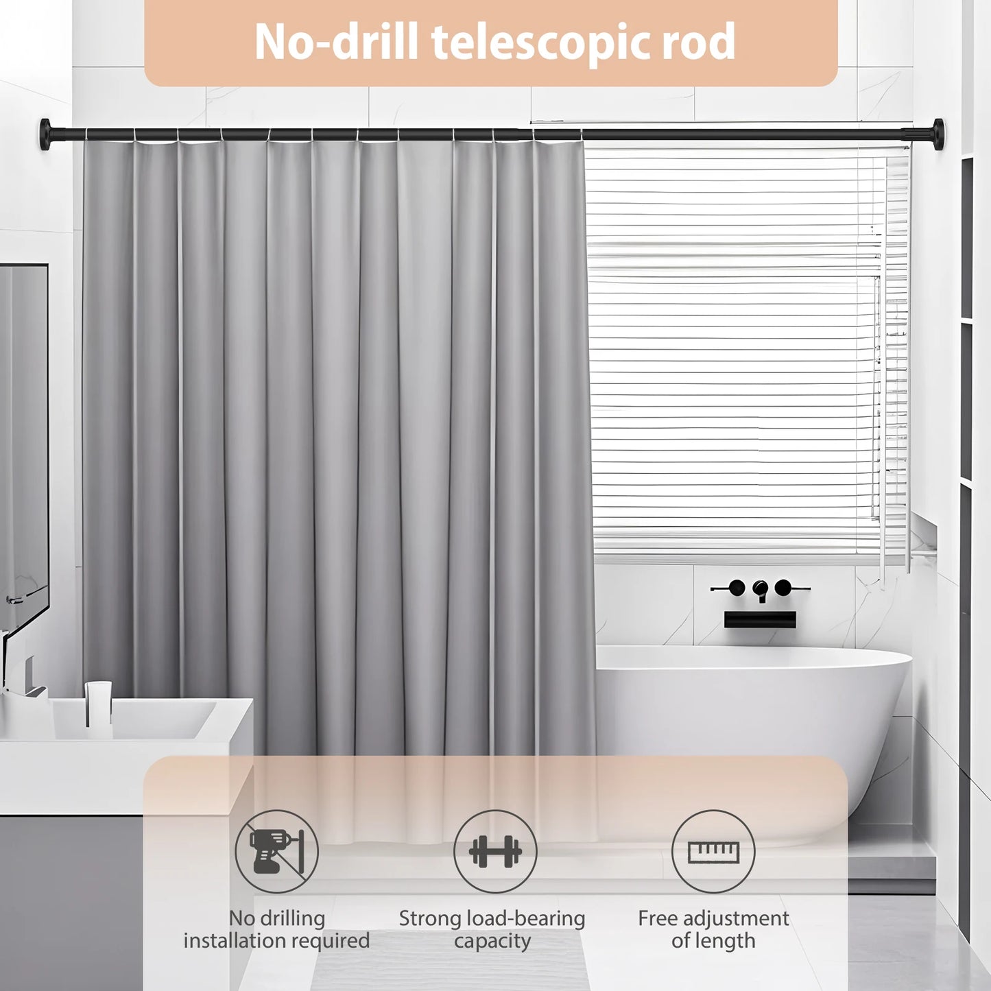Adjustable Telescopic Pole No Drill1.9m Extendable Hanging Rod Bathroom Curtain Clothes Drying Storage Organisation Multipurpose