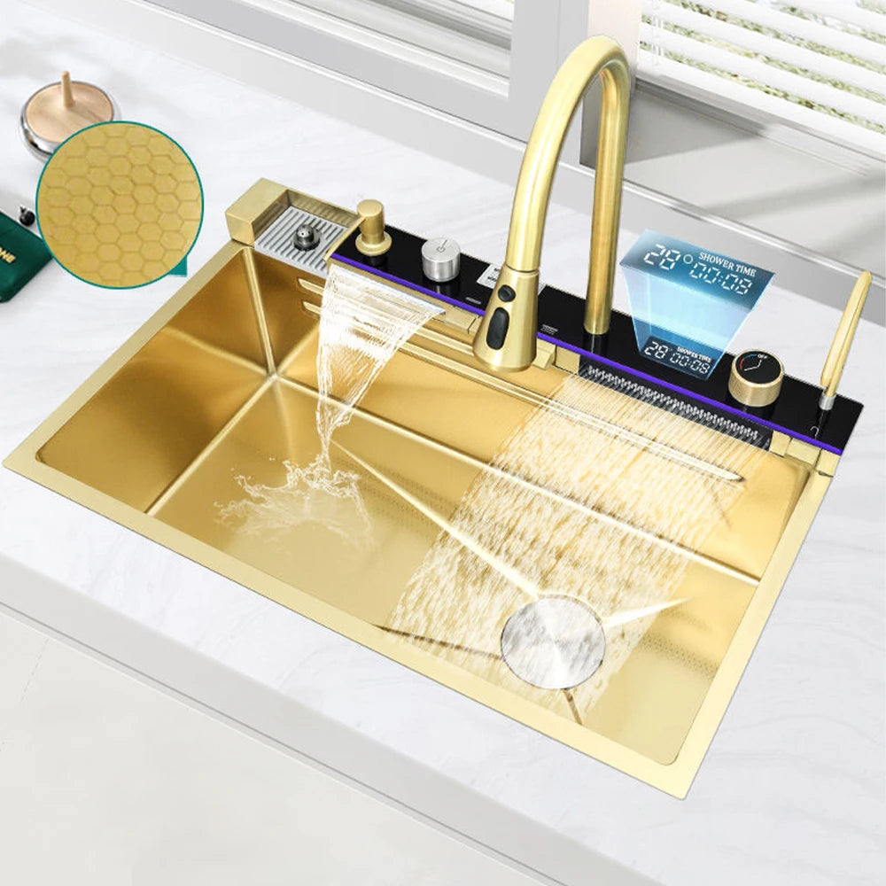 Multifunctional Kitchen Waterfall Sink Digital Display Large Single Gray Sink Dish Basin Sink 304 Stainless Steel