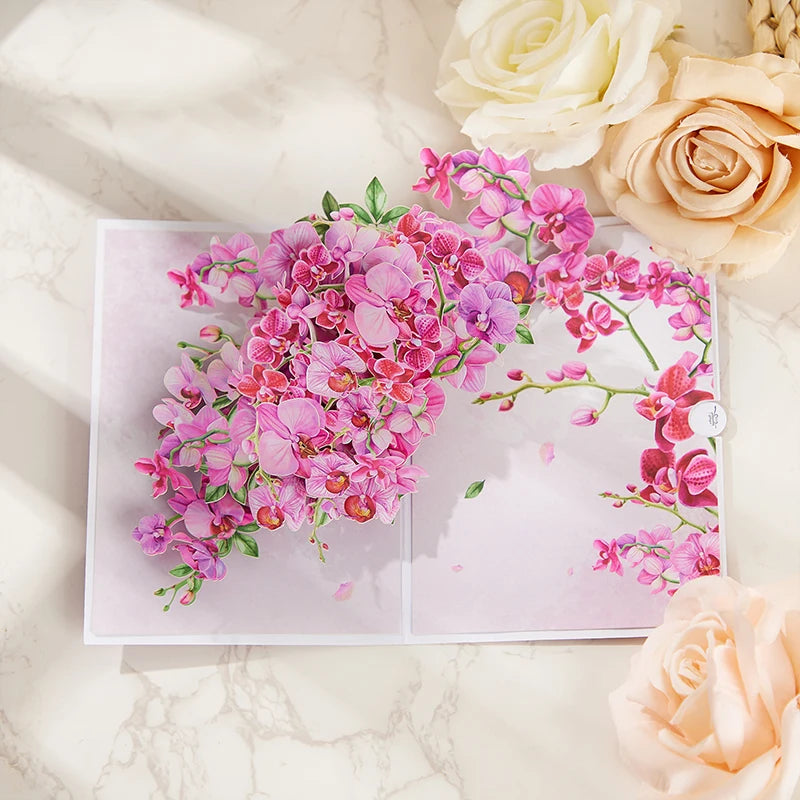 Cymbidium Orchids Pop-up Greeting Card with Envelope Flowers Postcard Floral Birthday Cards Valentines Gifts Creative Home Decor