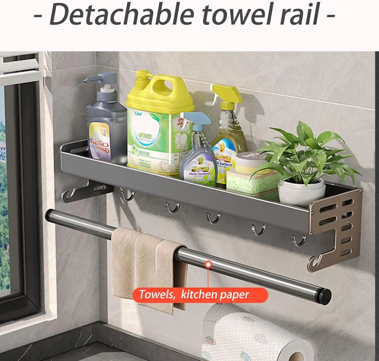Wall Mount Utensil Holder Multifunctional Spice Organiser Shelf with Hooks Kitchen Hanging Storage Wall Shelf