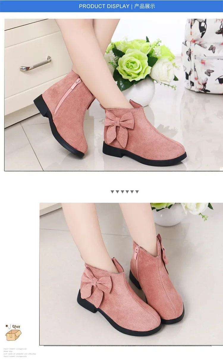 2023 Girls Boots Leather Sport Shoes For Girls Children Warm Boots Fashion Soft Bottom Princess Snow Boots Kids Sneakers