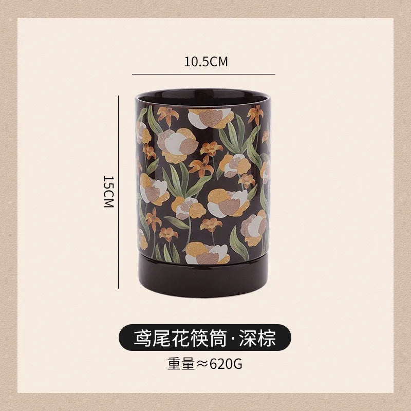 French Iris Ceramic Chopstick Holder Countertop Mold Proof Draining Chopstick Storage Jar Knife Spoon Rack Kitchen Storage Tool