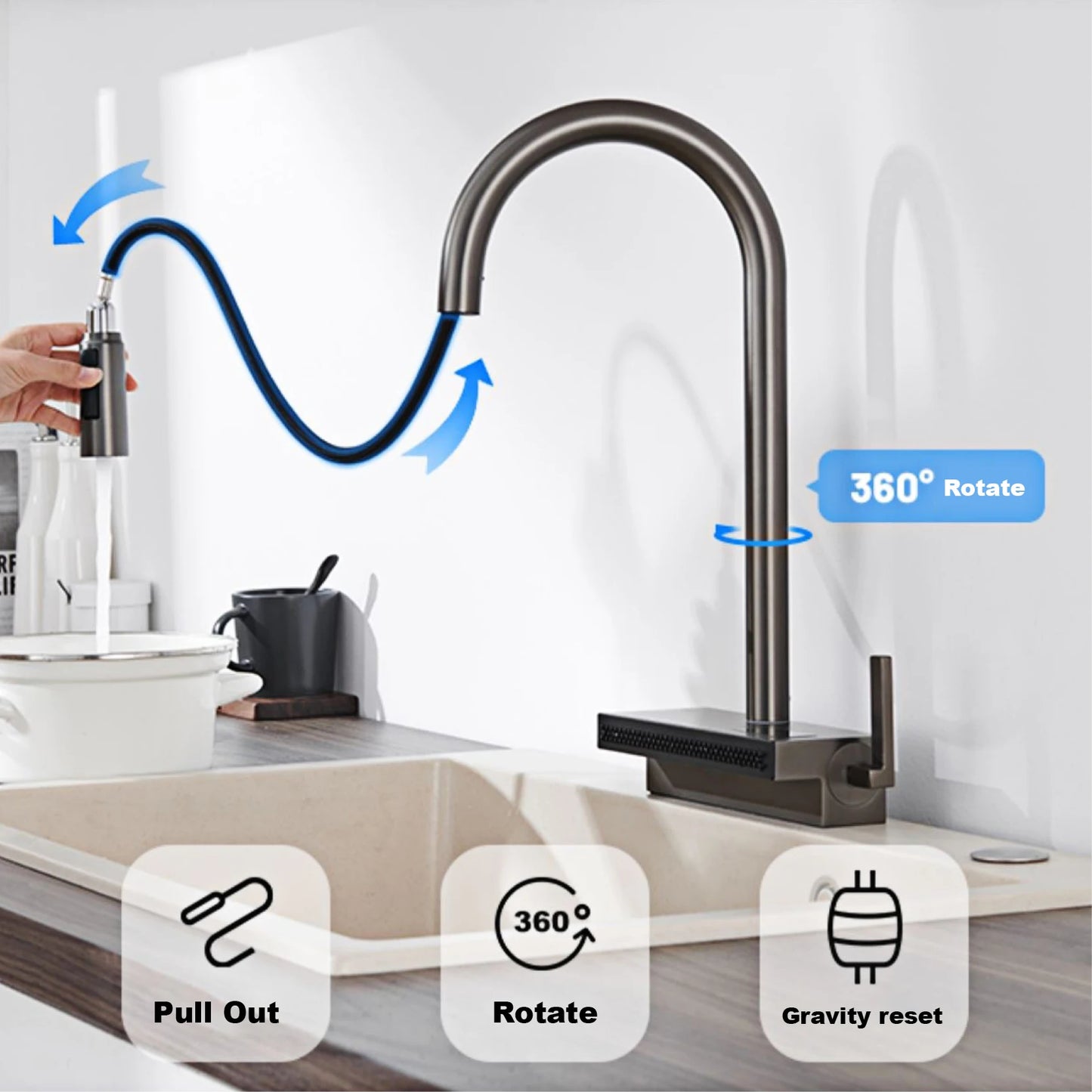 Gun Gray Brass Kitchen Sink Faucet Pull Out Sprayer Hot Cold Mixer Tap LED Digital Display Multifunction 360°Swivel Luxury Crane