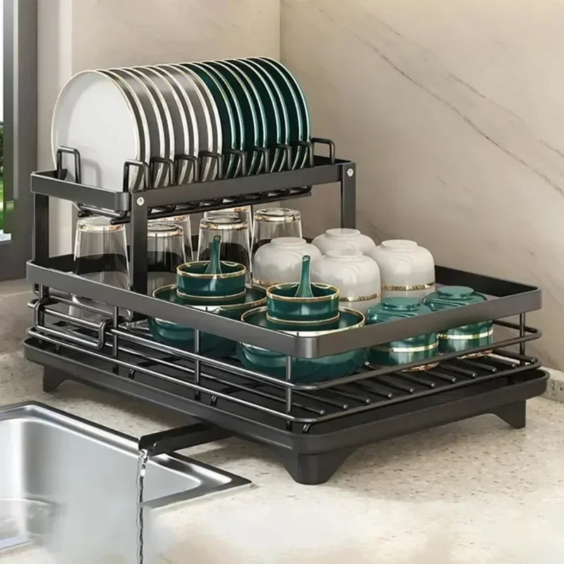Double-layer Dish Rack Adjustable Draining Multifunctional Kitchen Countertop Organiser Hot-selling Bowls Plates Storage Saving