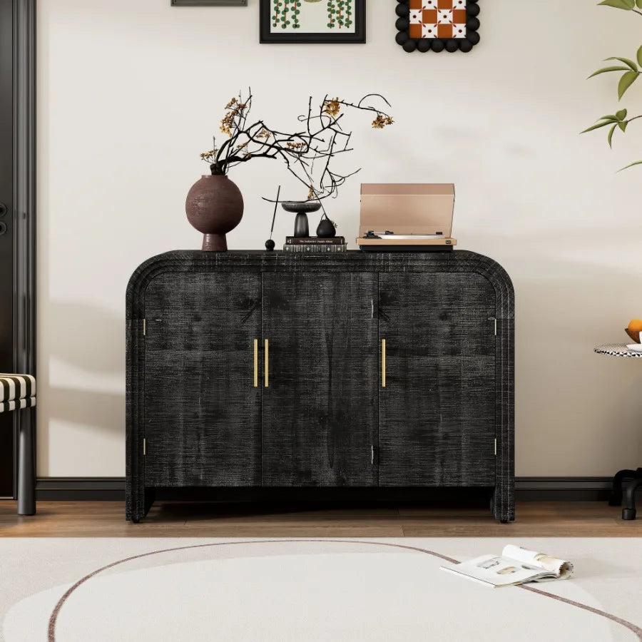 TREXM Retro Minimalist Curved Sideboard with Gold Handles and Adjustable Dividers for Living Room or Dining Room Antique Black