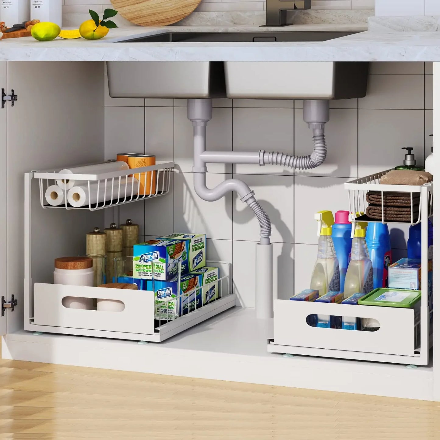 Double-layer Sliding Rail Basket Under-Sink Storage Rack Bathroom & Kitchen Storage