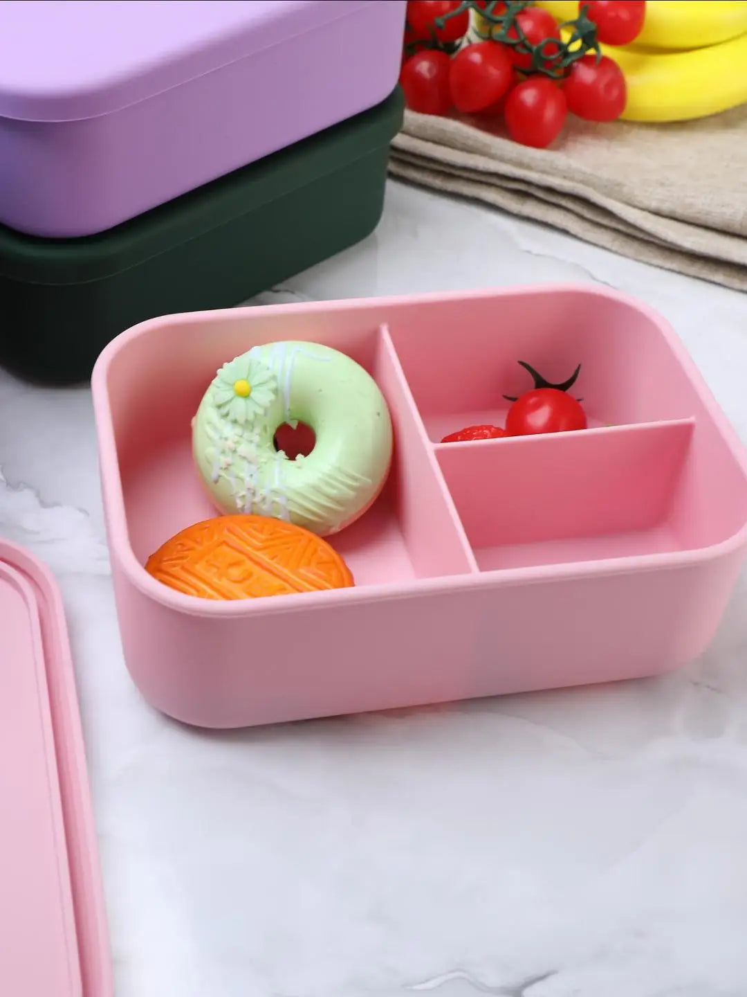 Silicone Bento Lunch Box for Toddlers Kids, 3 Compartments, Leak-Proof & BPA-Free Lunch Container, Microwave & Dishwasher Safe