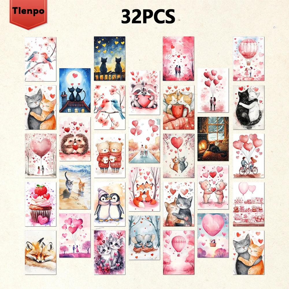 32pcs Valentine's Day Animal Postcards, Love Gift Cards, Christmas Gifts, Living Room Decor, Bedroom Decoration, High-Quality