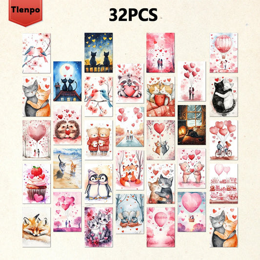 32pcs Valentine's Day Animal Postcards, Love Gift Cards, Christmas Gifts, Living Room Decor, Bedroom Decoration, High-Quality