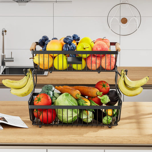 33*29cm deteachable fruit vegetable kitchen storage organisation racks holders double-layer trays wood hand SS home display
