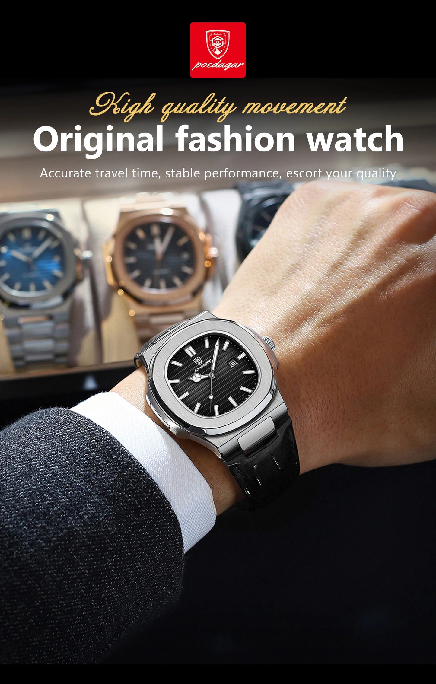 POEDAGAR Luxury Original Man Watch Date Waterproof Luminous Square Men Wristwatch High Quality Leather Men's Quartz Watches Male