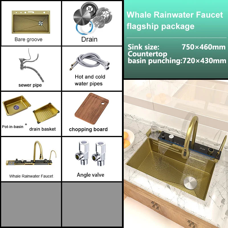 Kitchen Sink Stainless Steel Waterfall Sinks Extra Large Single Slot with Digital Display Faucet Set For kitchen