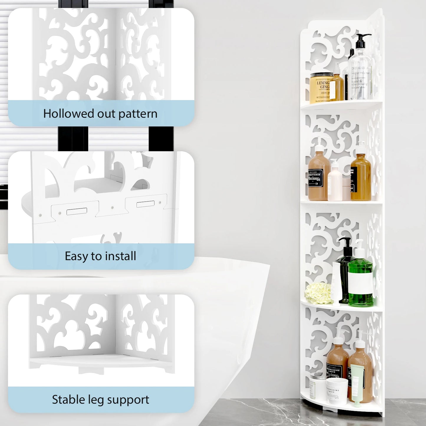 4 Tier Bathroom Corner Cabinet Storage Unit White, Floor Standing Shower Caddy Corner Shelf, PVC Waterproof Storage Organiser