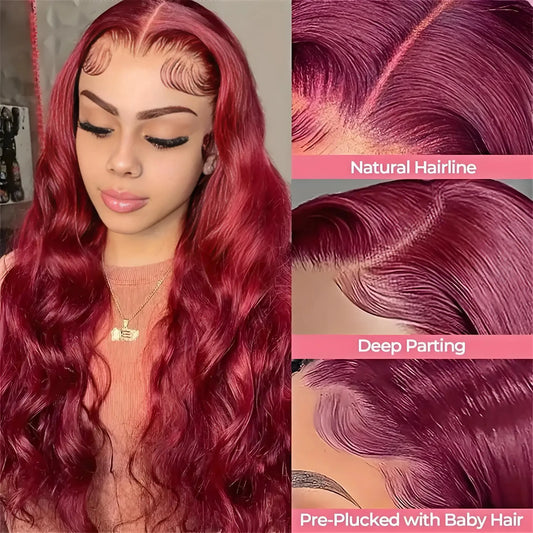 Burgundy 99J Body Wave Human Frontal Lace Hair Wig 30inches 13x4 13x6 HD Transparent Lace Brazilian Colored Remy Wigs for Women