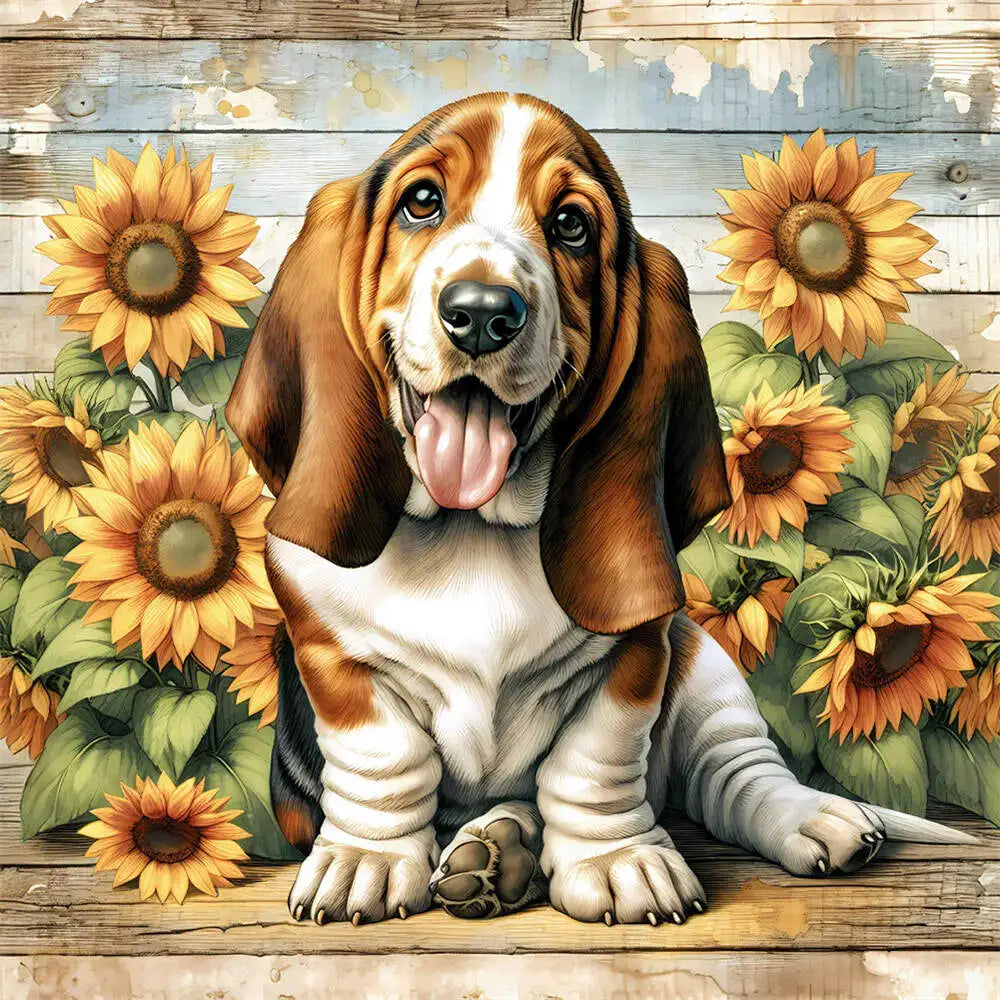 Huacan Diamond Mosaic Dog Animal Sunflower Flower Full Round Square Diamond Painting New Picture For Living Room Home Decoratio