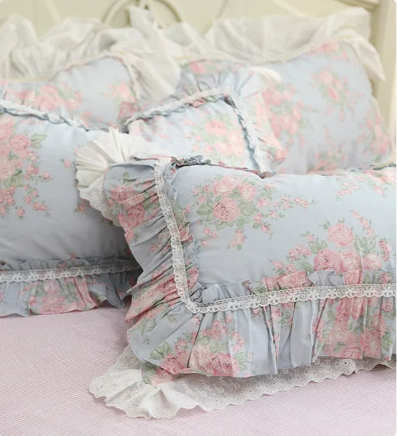 Floral Style 100% Cotton Pillowcase Bedding Set With Lace Design