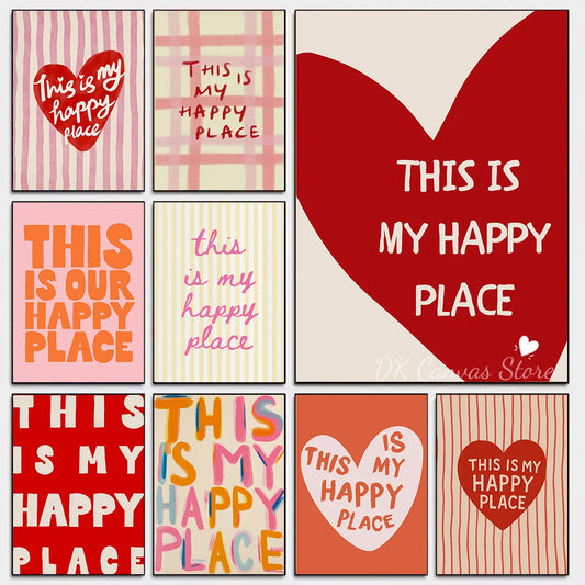 "This Is My Happy Place" Heart Quote Canvas Print Poster Modern Minimalism Art Prints Bedroom Living Room Wall Art Home Decor