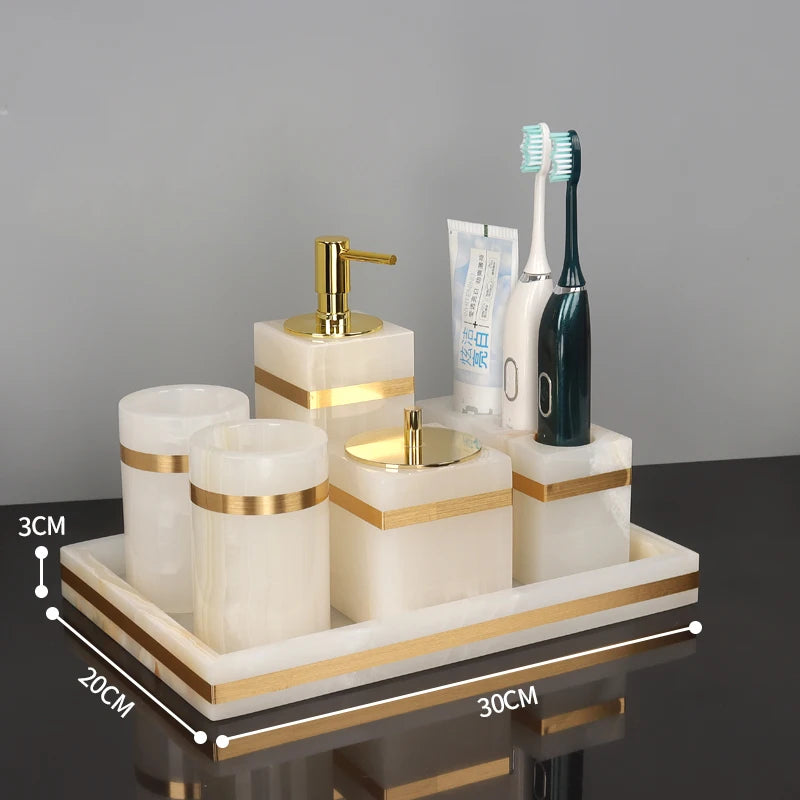 White Onyx Natural Marble Bathroom Accessories Gold Luxury Soap Dispenser Cotton Swab Holder Toothbrush Holder Bathroom Set