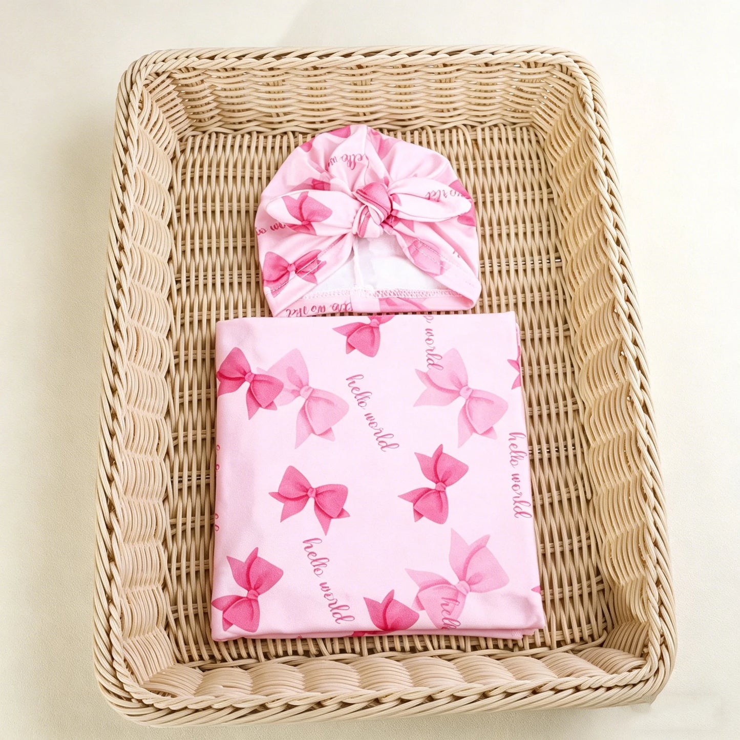 Ylsteed Newborn Photography Receive Blanket Newborn Bow Print Swaddle Blanket with Hat Bedding Infant Bath Towel Baby Items-HD