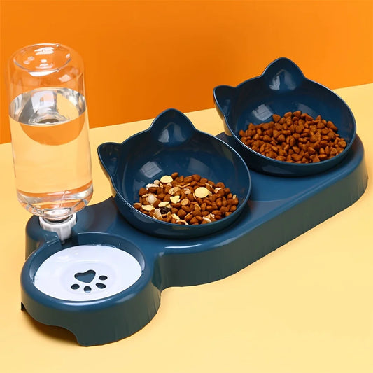 3 In 1 Ear Design Tilted Cat Water And Food Bowl Set With Gravity Water Bottle