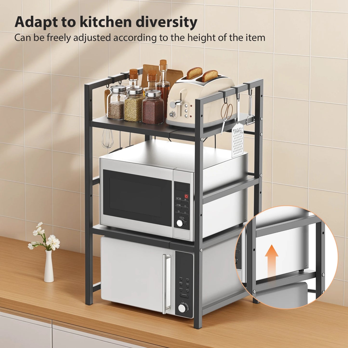 3 Tiers Expandable Microwave Oven Rack with 6 hooks, Microwave Shelf Stand, Carbon Steel for Pots Pans Rice Cooker