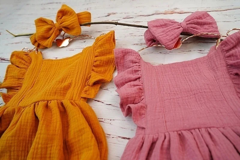 Organic Cotton Baby Girl Clothes Summer New Double Gauze Kids Ruffle Romper Jumpsuit Headband Dusty Pink Playsuit For Newborn 3M