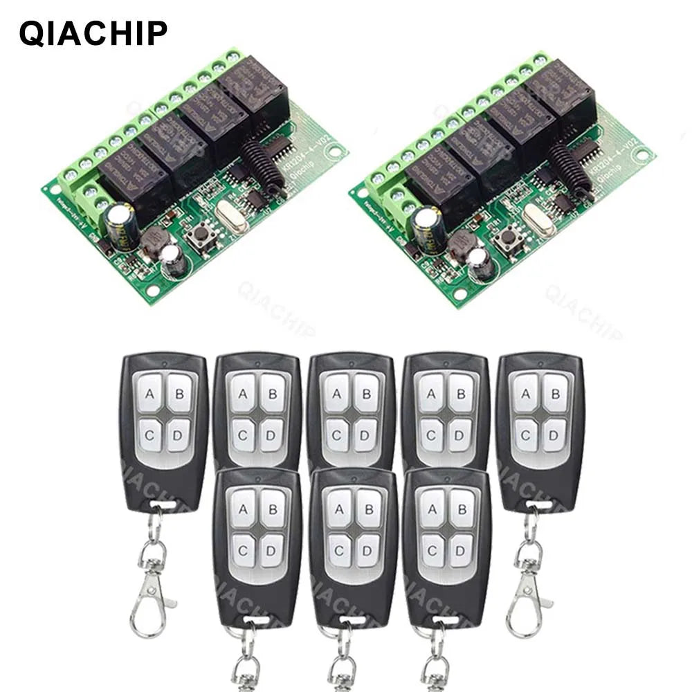 QIACHIP 4CH 433.92MHz Relay Module – DC 5V/12V/24V/48V 10A Wireless Remote Control Switch for EV1527, DC Motor DIY